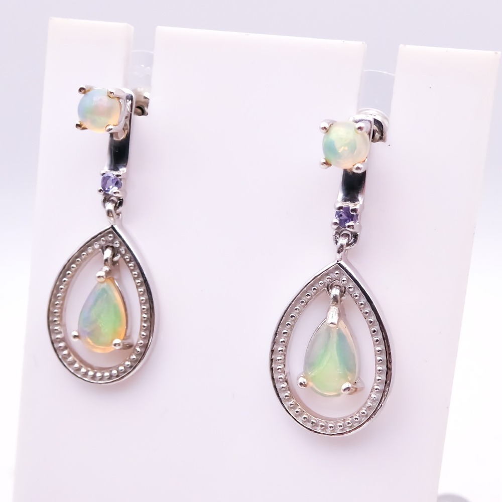 Platinum Over Sterling Silver Opal Convertable Drop Dangle 1.25" Earrings